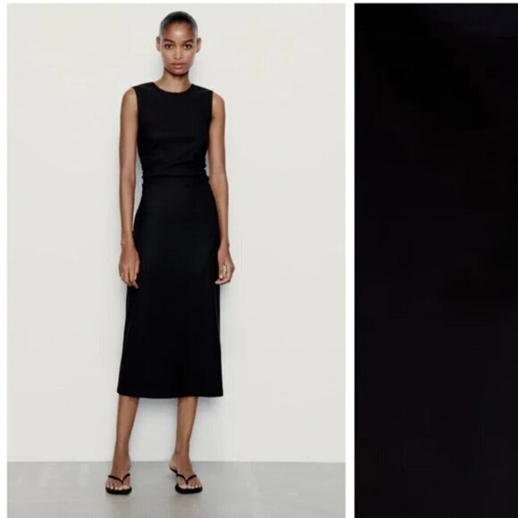 Zara Dresses & Skirts - Zara Black Draped Side Fitted Midi Dress. Size M. NEW WITH TAG!
